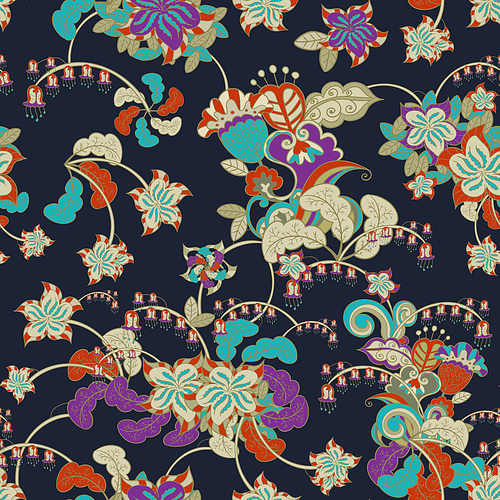 ornamental colored seamless floral pattern over blue