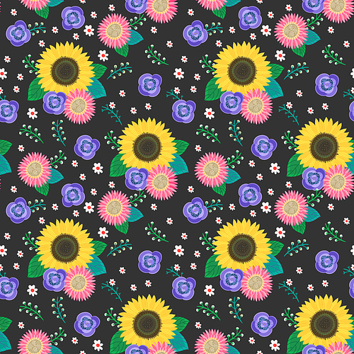seamless cartoon flowers pattern background over black