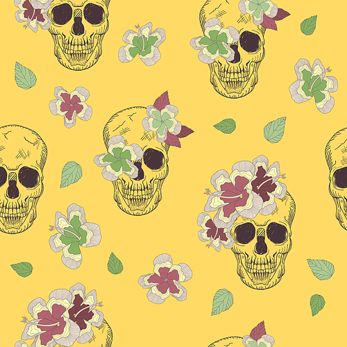 special seamless pattern with skull and flowers over yellow