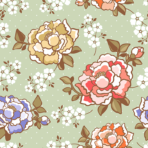 elegant peony seamless floral pattern background over green