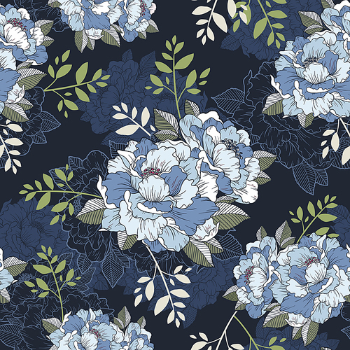 elegant peony seamless floral pattern background over blue