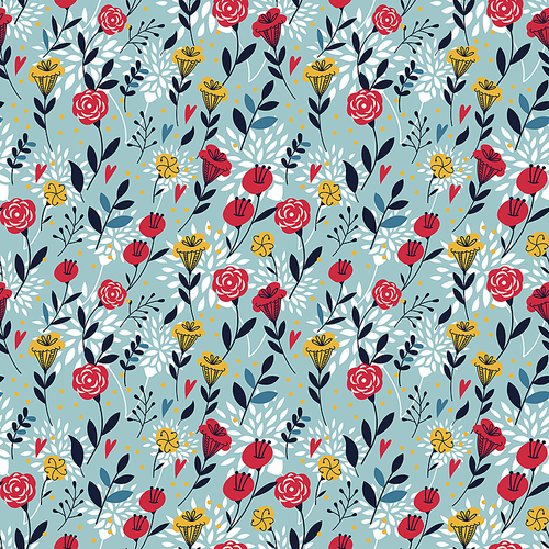 elegant cartoon seamless pattern with flowers and leaves