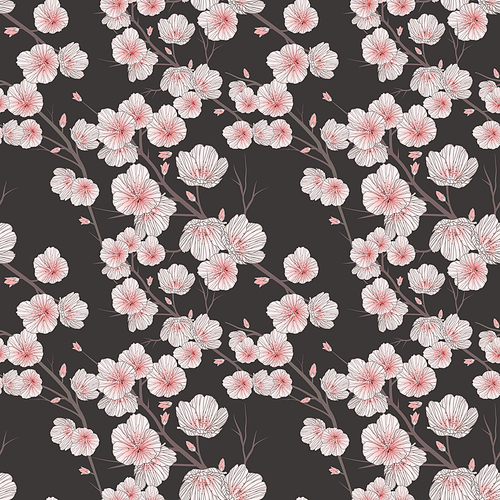 cherry blossom seamless pattern over black background