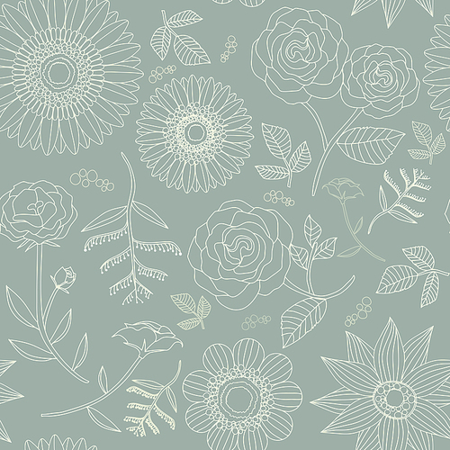 elegant floral seamless pattern with various flowers over blue