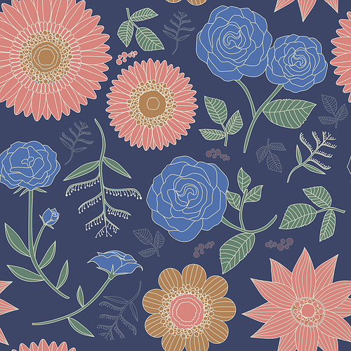 elegant floral seamless pattern with various flowers over blue
