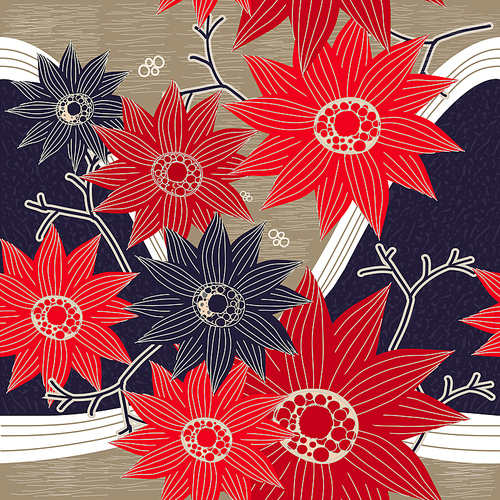 graceful red and blue flowers over brown background