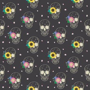 special seamless pattern with skull and flowers over black
