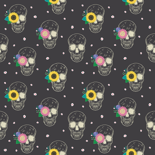special seamless pattern with skull and flowers over black