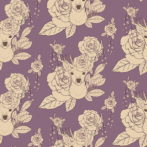 elegant seamless pattern with deer antlers and roses over purple