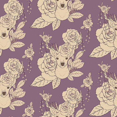 elegant seamless pattern with deer antlers and roses over purple