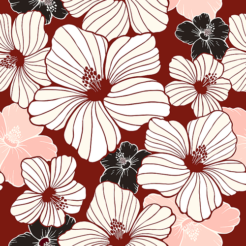 simplicity hibiscus seamless pattern in red background