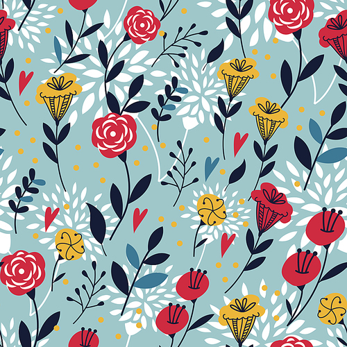 elegant cartoon seamless pattern with flowers and leaves