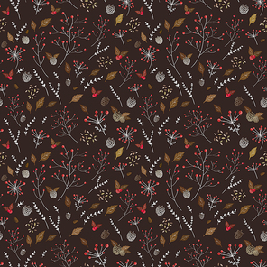 seamless pattern with autumn elements over brown background