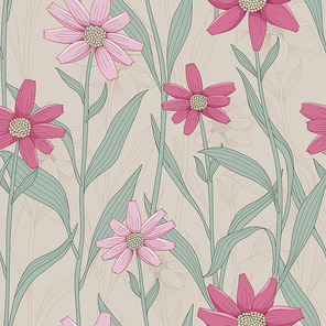 retro flower seamless pattern with pink daisy