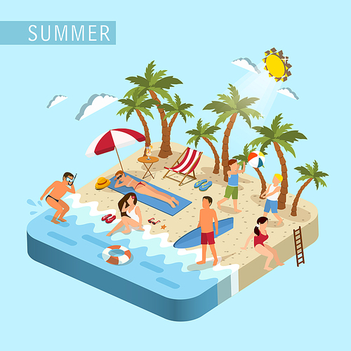 flat 3d isometric design of summer beach scene concept