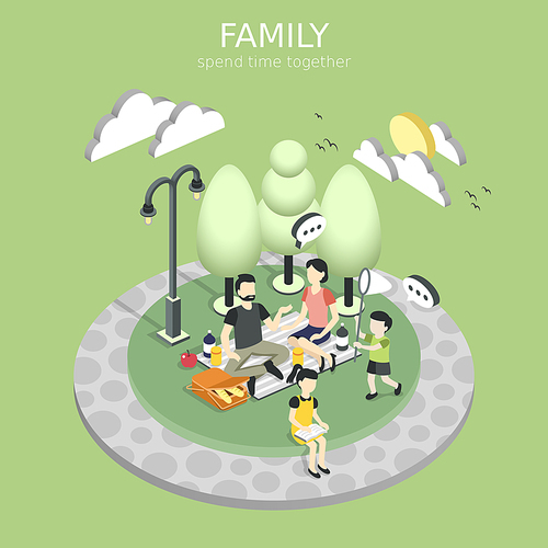 family having a picnic concept in flat 3d isometric graphic