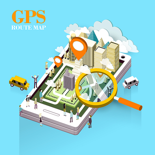 GPS route map concept in flat 3d isometric graphic