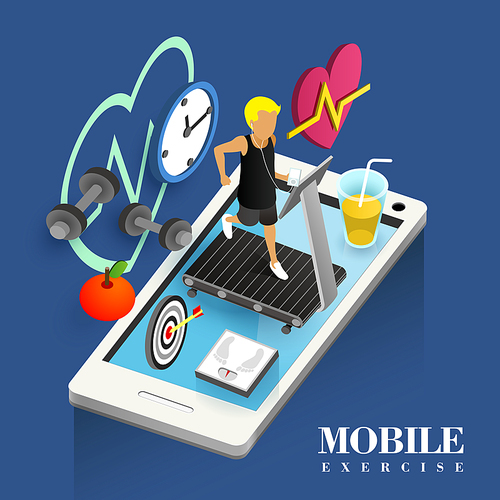 mobile exercise concept in flat 3d isometric graphic