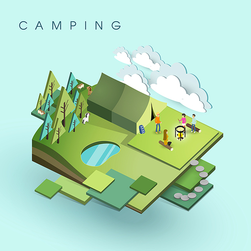 flat 3d isometric design of camping activity