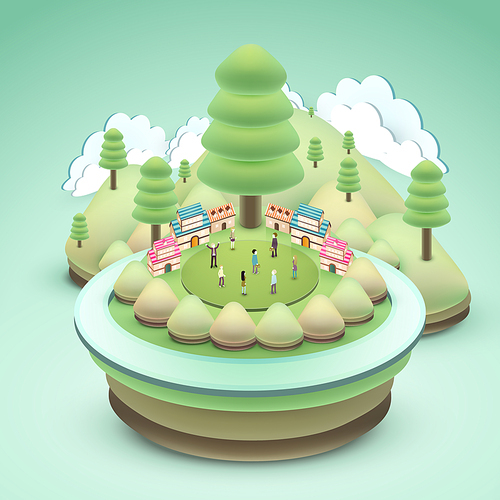 flat 3d isometric design of adorable outdoor scenery