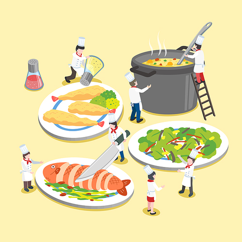 flat 3d isometric design of delicious dishes with little cooks