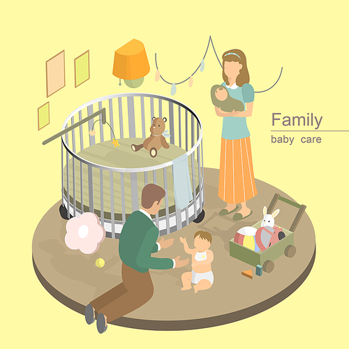 flat 3d isometric design of family baby care concept