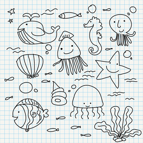 set of notebook paper doodles. sea animals.