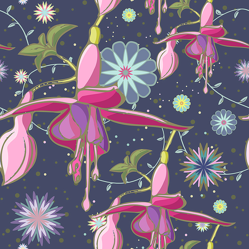 seamless floral background with pink lilies over blue