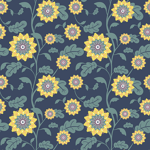 modern yellow sun flowers seamless background over blue