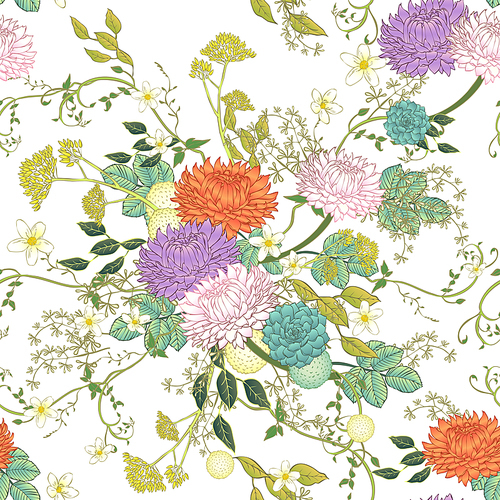 vintage ornate chrysanthemum seamless pattern over white background