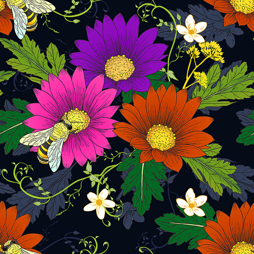 retro daisy with bees seamless pattern over dark background