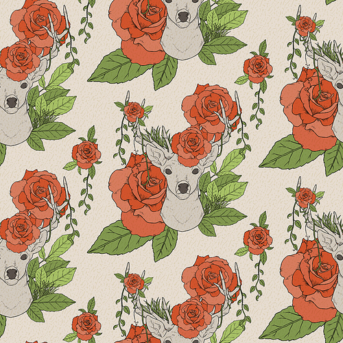 elegant seamless pattern with deer antlers and roses over beige