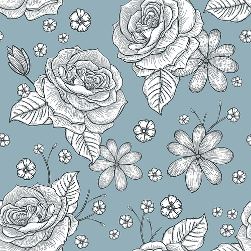 retro seamless hand drawn rose pattern over blue background