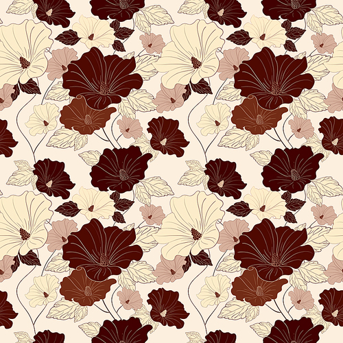 seamless pattern with hand drawn hibiscus flowers over white