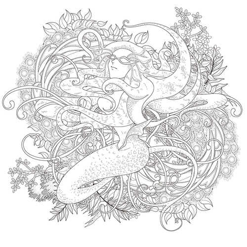 attractive mermaid coloring page with floral elements in exquisite line