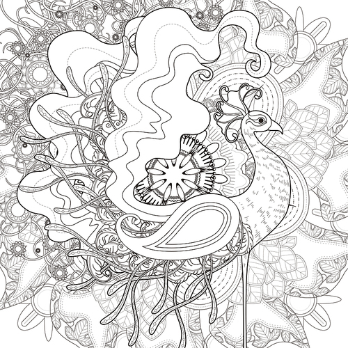 attractive peacock coloring page with floral elements in exquisite line