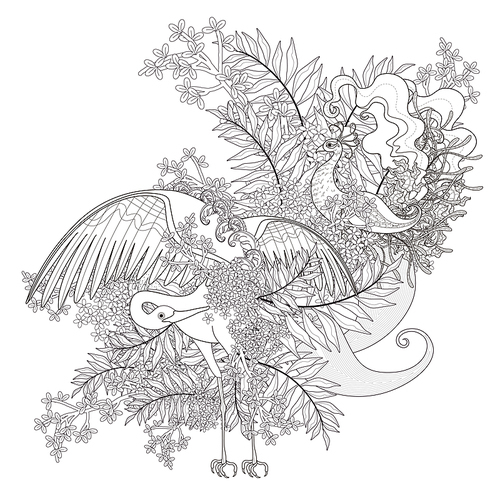 beautiful flying bird coloring page with floral elements in exquisite line