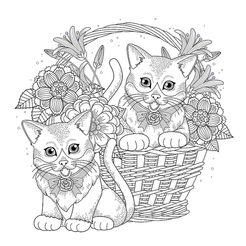 adorable kitty in basket coloring page in exquisite line