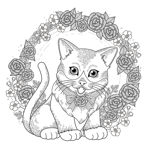 adorable kitty coloring page with floral wreath in exquisite line