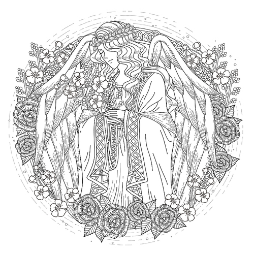 graceful angel coloring page with floral elements in exquisite line