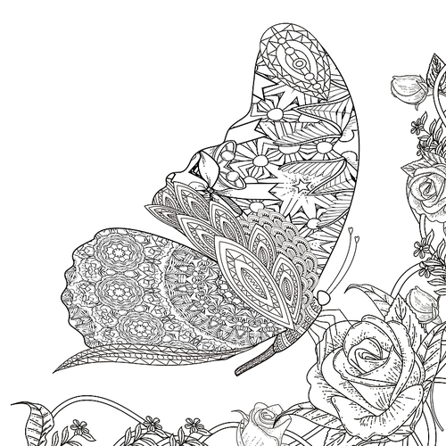 beautiful butterfly with floral elements coloring page in exquisite line