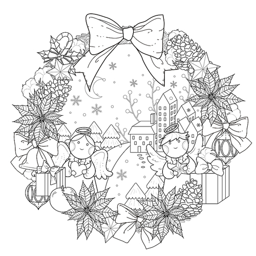 Christmas wreath coloring page with decorations in exquisite line