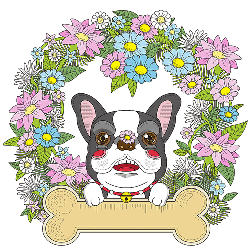 adorable bulldog coloring page with floral elements in exquisite line