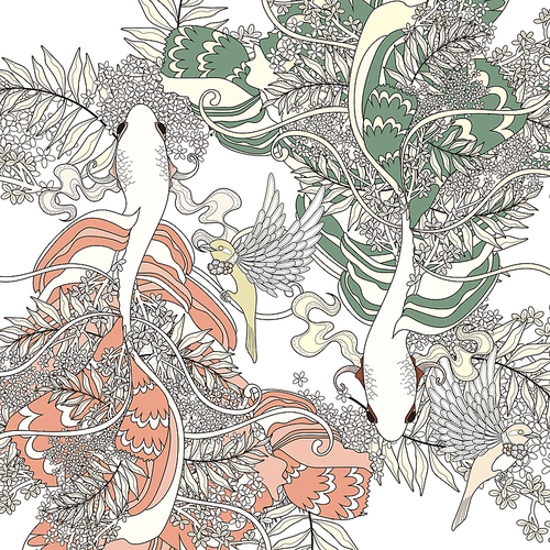 elegant fish coloring page with floral elements in exquisite line