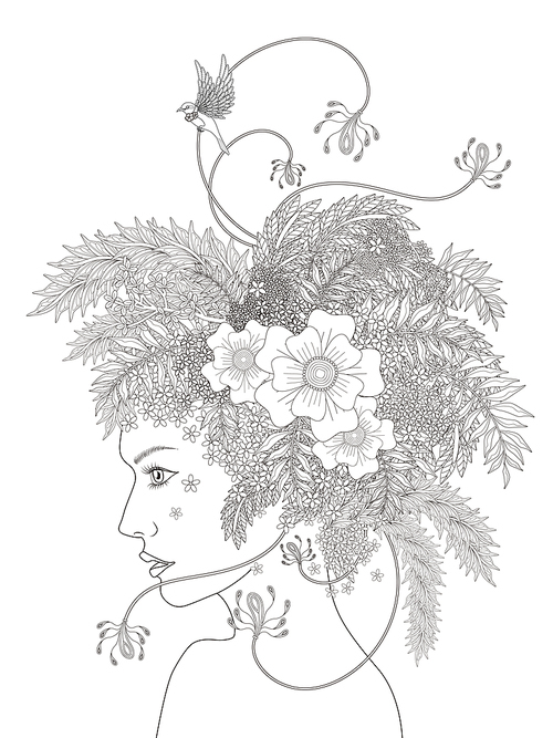 fashion beauty coloring page with floral elements