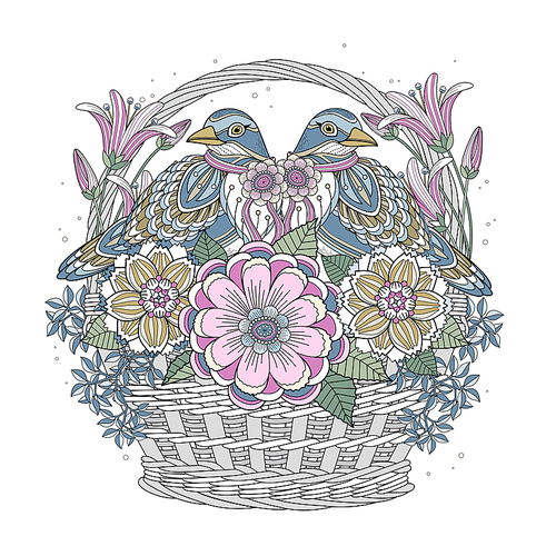 blessing bird coloring page with floral elements in exquisite line