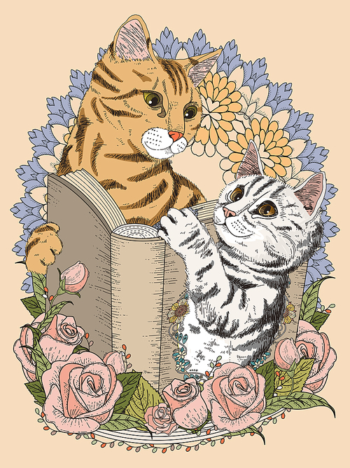 adorable cats with book and floral decorations - adult coloring page