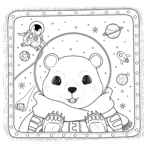 adorable polar bear astronaut - adult coloring page
