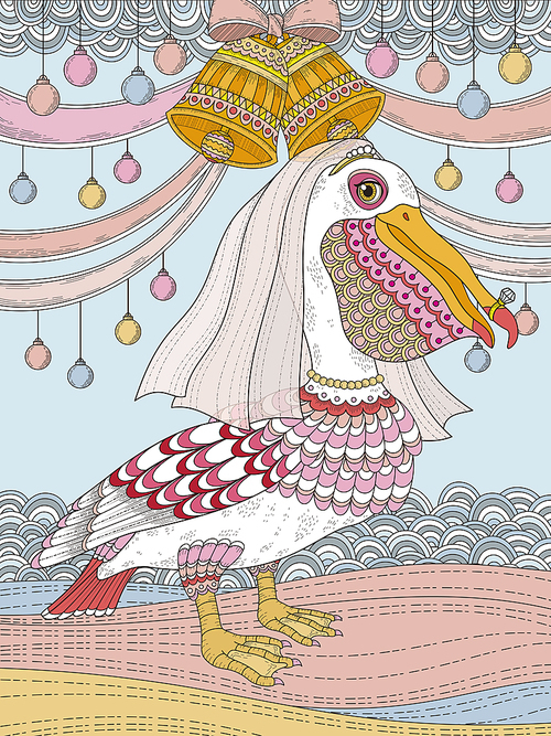 adult coloring page with lovely bride pelican