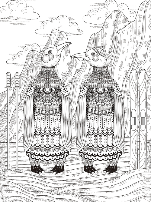 adult coloring page with lovely skier penguins